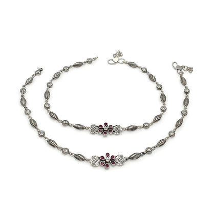 Beach style 925 Sterling Silver Pink White CZ Oxidised Payal Anklet Pair 10.3"