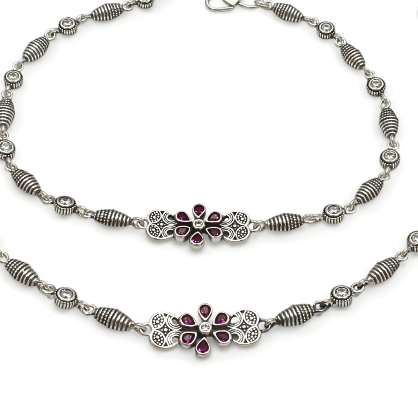 Beach style 925 Sterling Silver Pink White CZ Oxidised Payal Anklet Pair 10.3"