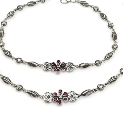 Beach style 925 Sterling Silver Pink White CZ Oxidised Payal Anklet Pair 10.3"