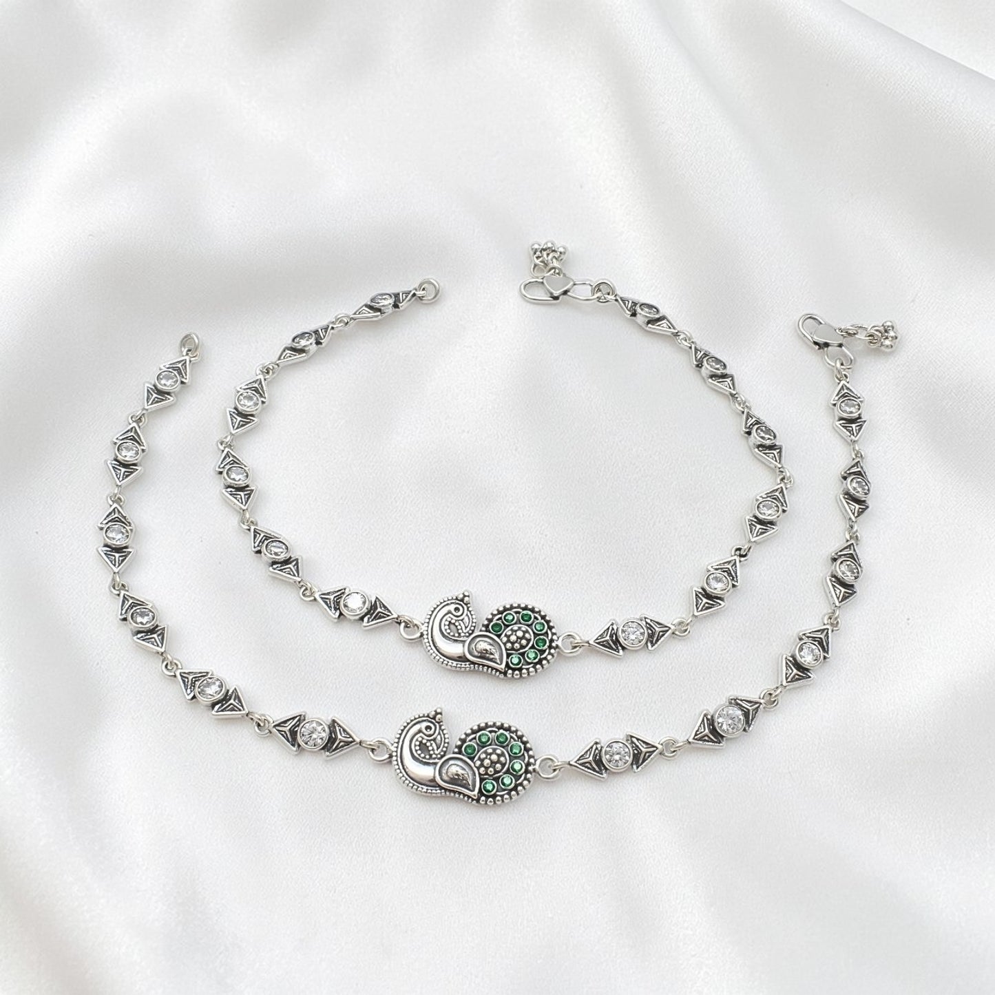925 Sterling Silver Green White CZ Oxidised Peacock design Jhanjhar Anklet Pair 10"