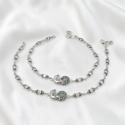 925 Sterling Silver Green White CZ Oxidised Peacock design Jhanjhar Anklet Pair 10"