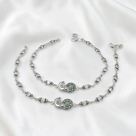 925 Sterling Silver Green White CZ Oxidised Peacock design Jhanjhar Anklet Pair 10"