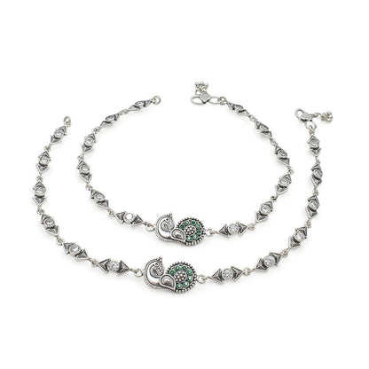925 Sterling Silver Green White CZ Oxidised Peacock design Jhanjhar Anklet Pair 10"