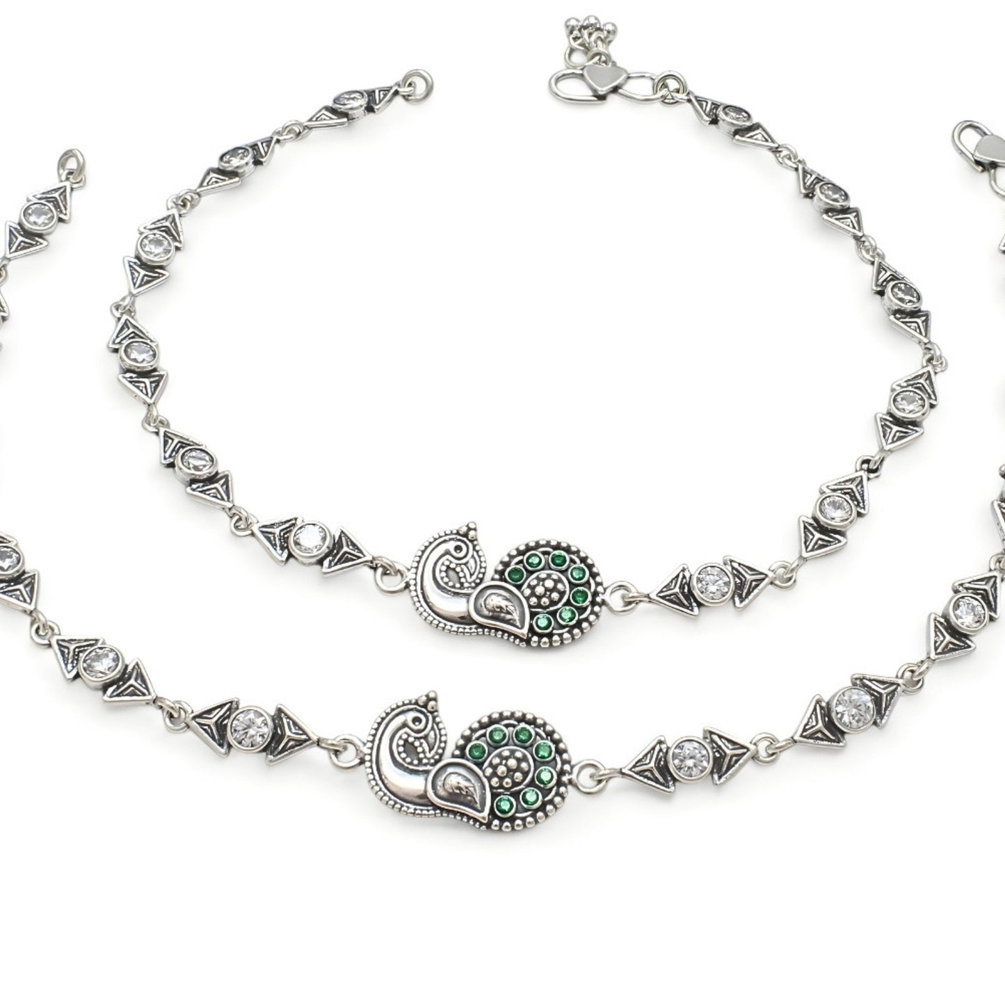 925 Sterling Silver Green White CZ Oxidised Peacock design Jhanjhar Anklet Pair 10"
