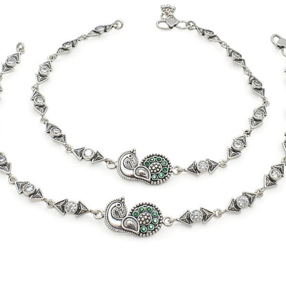 925 Sterling Silver Green White CZ Oxidised Peacock design Jhanjhar Anklet Pair 10"