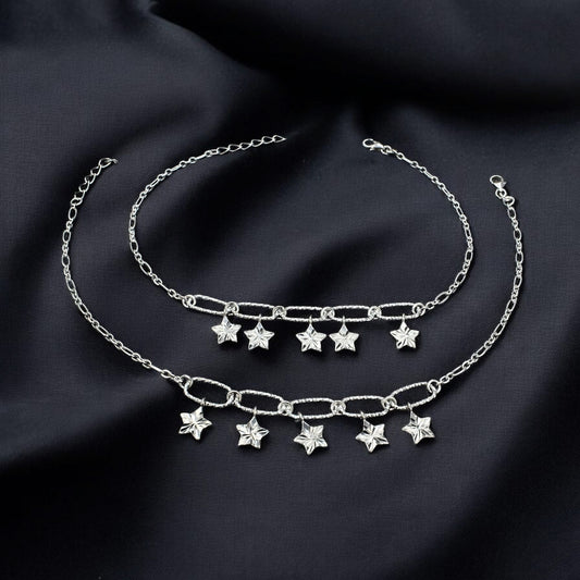 925 Sterling Silver Dazzling Stars Charm Chain Payal Boho Anklet Pair 10.5"