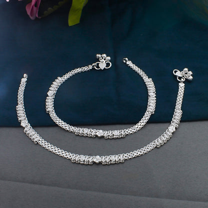 Real Silver Leaf and Flower design Pajeb Women Anklet Pair 10.3"