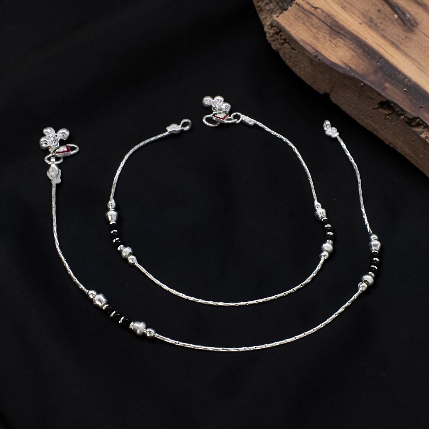 Daily Wear Real Sterling Silver Black Bead Anklet 10"