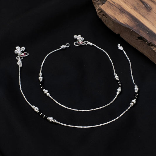 Daily Wear Real Sterling Silver Black Bead Anklet 10"