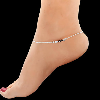 Daily Wear Real Sterling Silver Black Bead Anklet 10"