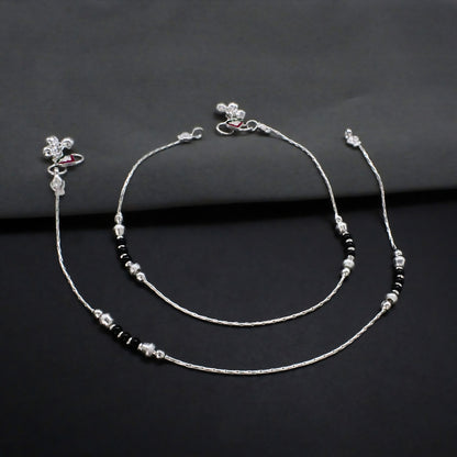 Daily Wear Real Sterling Silver Black Bead Anklet 10"