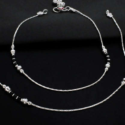 Daily Wear Real Sterling Silver Black Bead Anklet 10"
