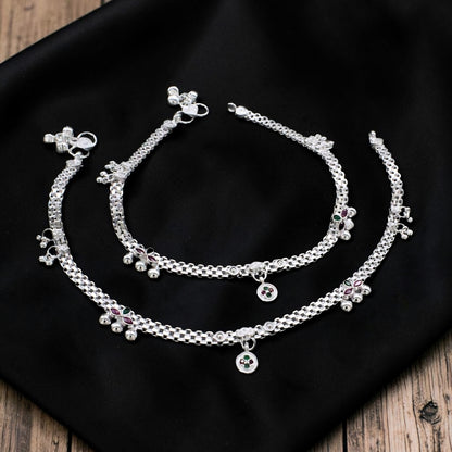 Real Sterling Silver Green Pink CZ Wedding Payal Anklet 10.3"