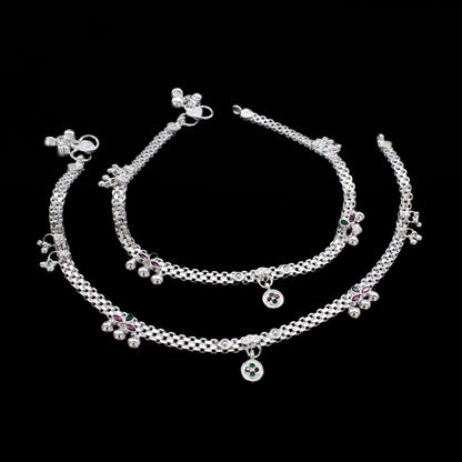 Real Sterling Silver Green Pink CZ Wedding Payal Anklet 10.3"