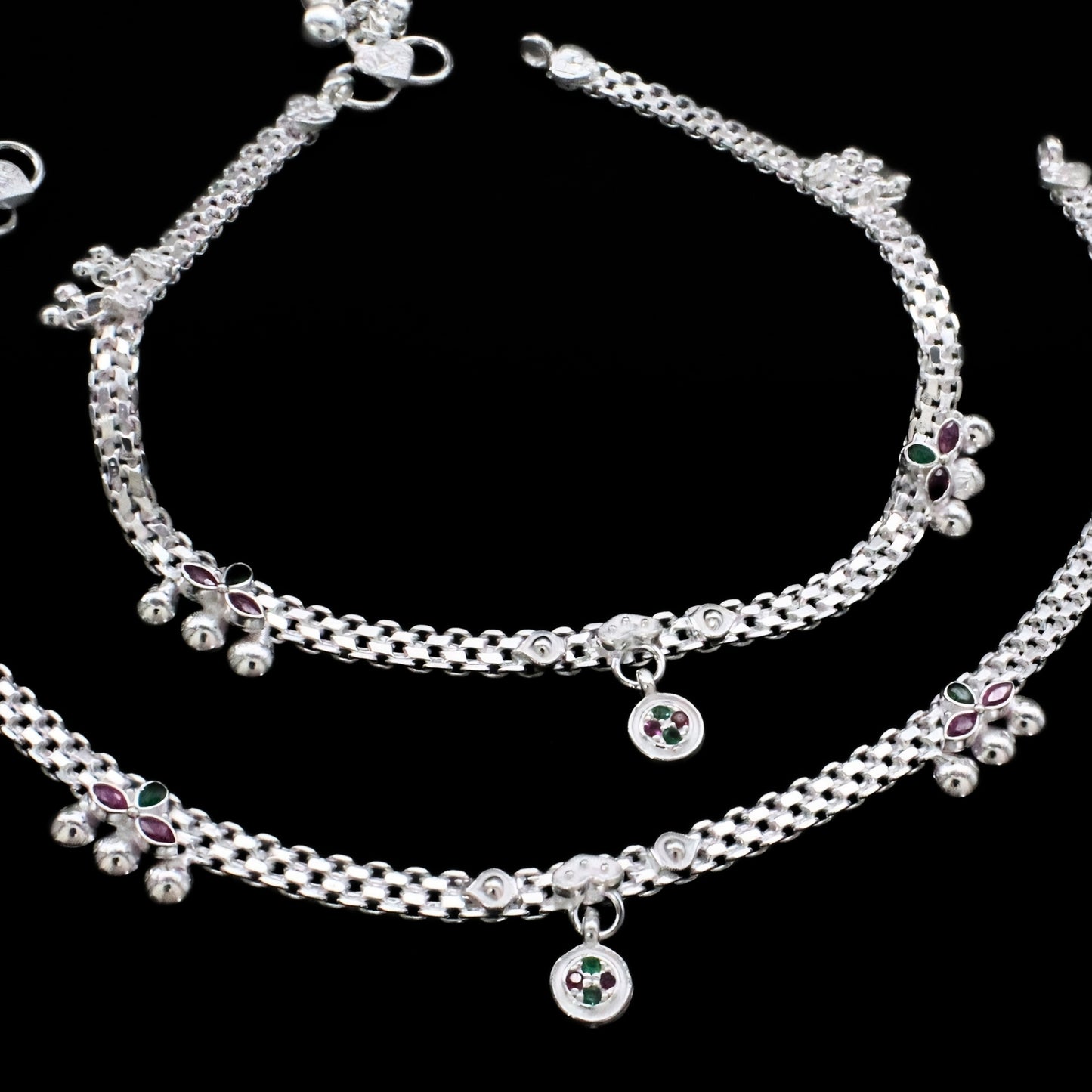 Real Sterling Silver Green Pink CZ Wedding Payal Anklet 10.3"