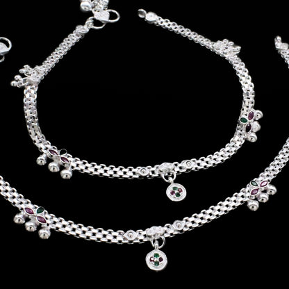 Real Sterling Silver Green Pink CZ Wedding Payal Anklet 10.3"