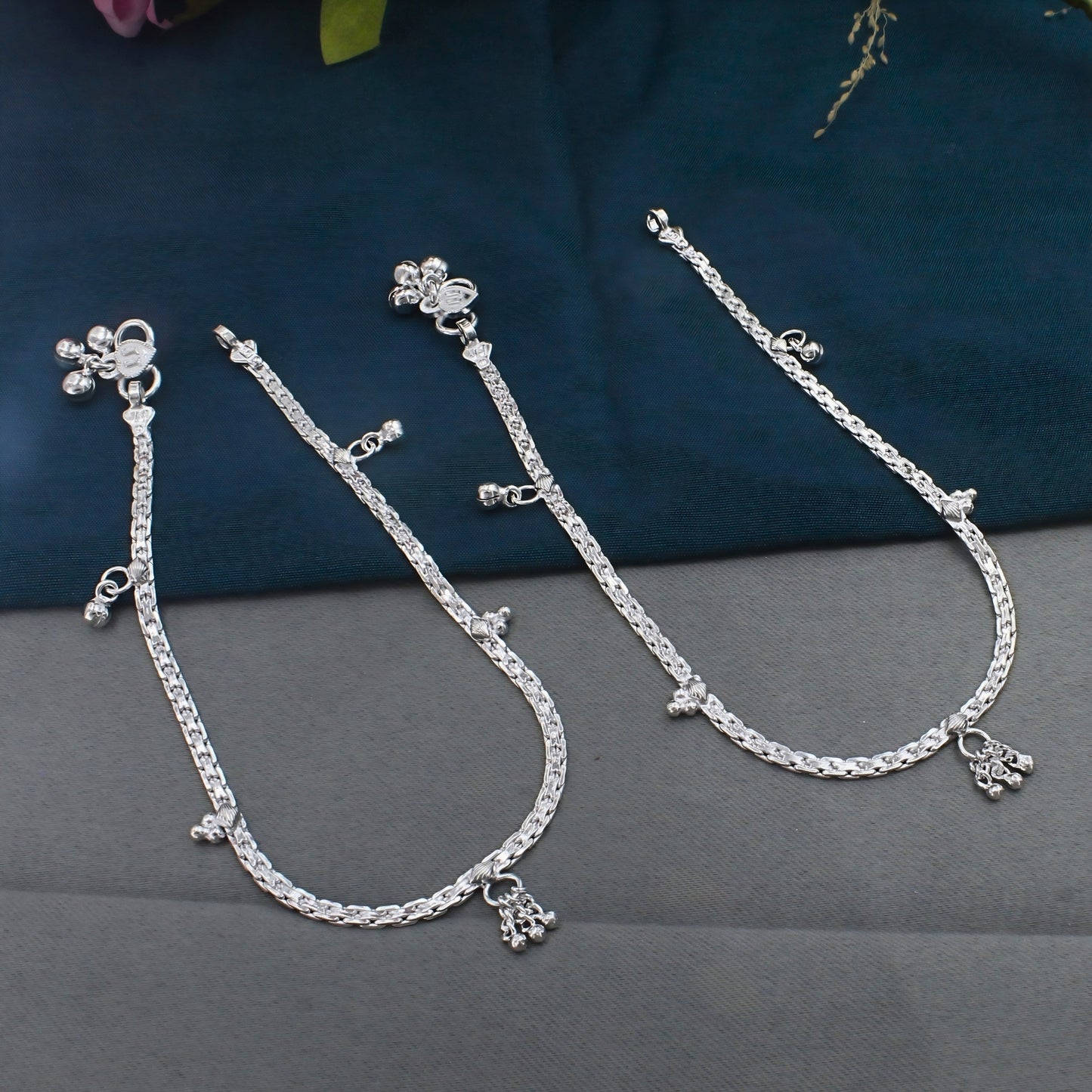 Let Your Footsteps Blossom with Real Silver Women Anklet Pair 10.3"