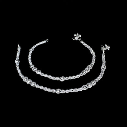 Daily Wear Twisted Rope Real Silver Women Payal Anklet Pair 10.3"