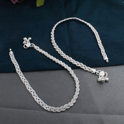 Real Silver Twisted Rope Payal Women Anklet Pair 10.3"