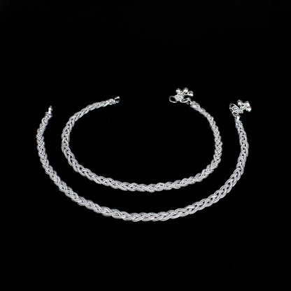 Real Silver Twisted Rope Payal Women Anklet Pair 10.3"