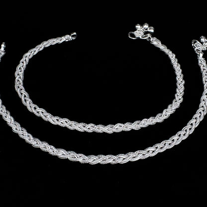 Real Silver Twisted Rope Payal Women Anklet Pair 10.3"