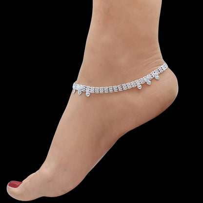 Ethnic Real Silver Heart-Shaped Drops Women Payal Anklet Pair 10.3"