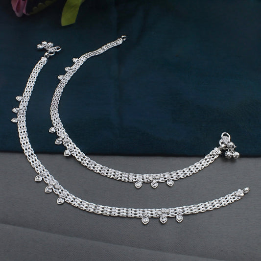 Ethnic Real Silver Heart-Shaped Drops Women Payal Anklet Pair 10.3"