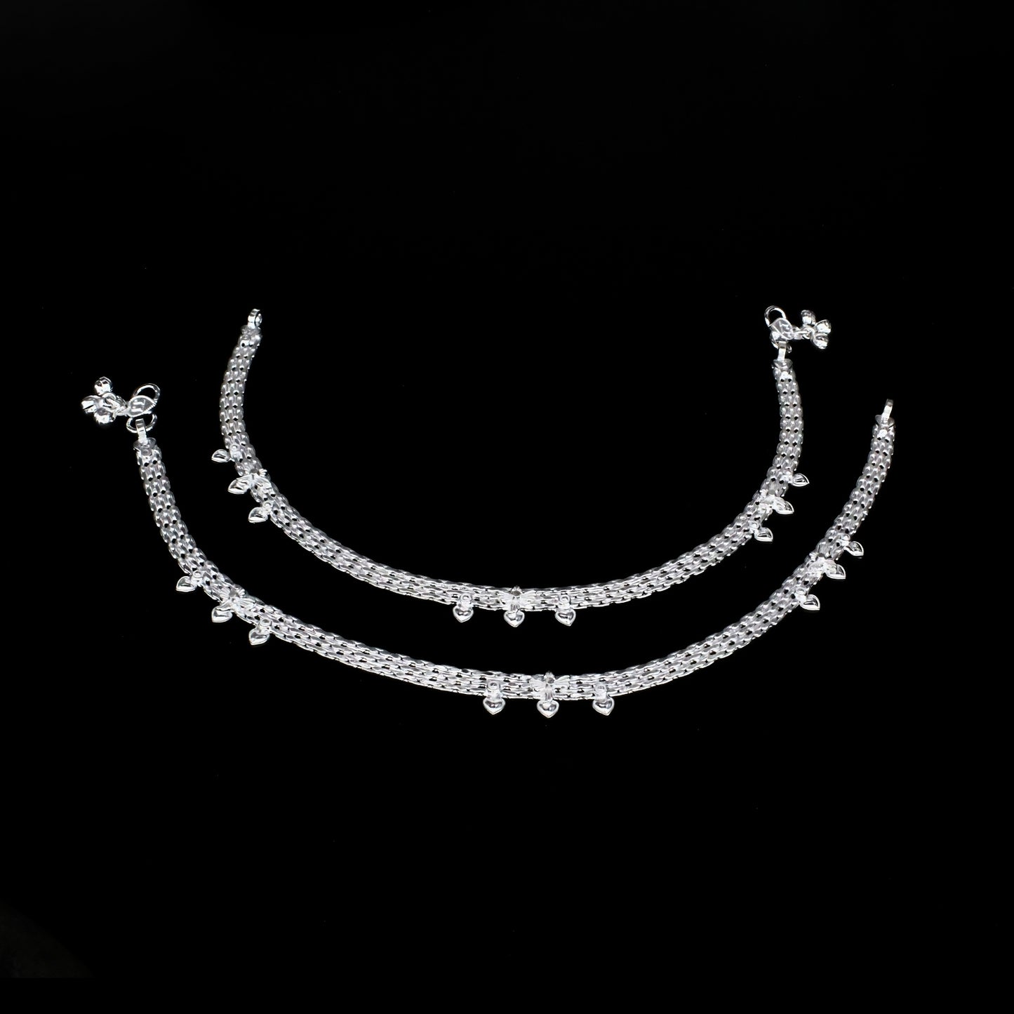 Ethnic Real Silver Heart-Shaped Drops Women Payal Anklet Pair 10.3"