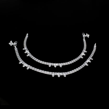 Ethnic Real Silver Heart-Shaped Drops Women Payal Anklet Pair 10.3"