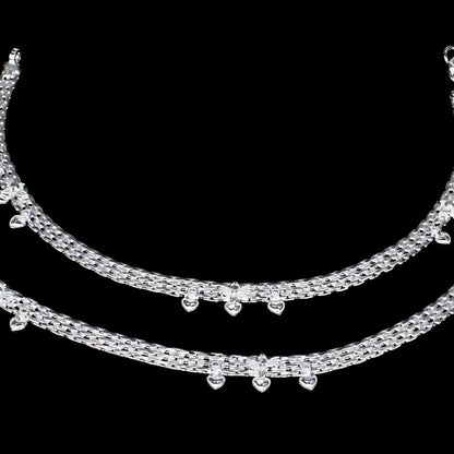 Ethnic Real Silver Heart-Shaped Drops Women Payal Anklet Pair 10.3"