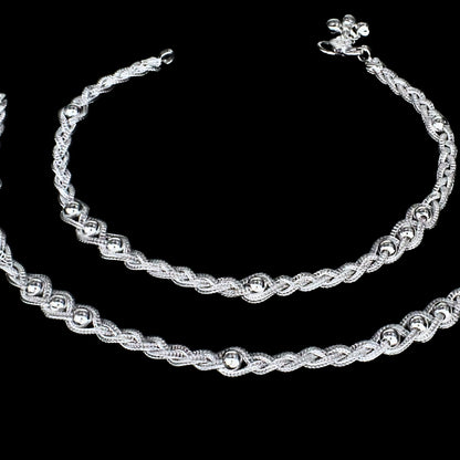 Daily Wear Twisted Rope Real Silver Women Payal Anklet Pair 10.3"