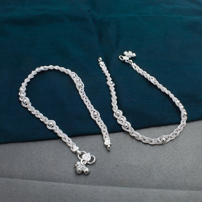 Daily Wear Twisted Rope Real Silver Women Payal Anklet Pair 10.3"