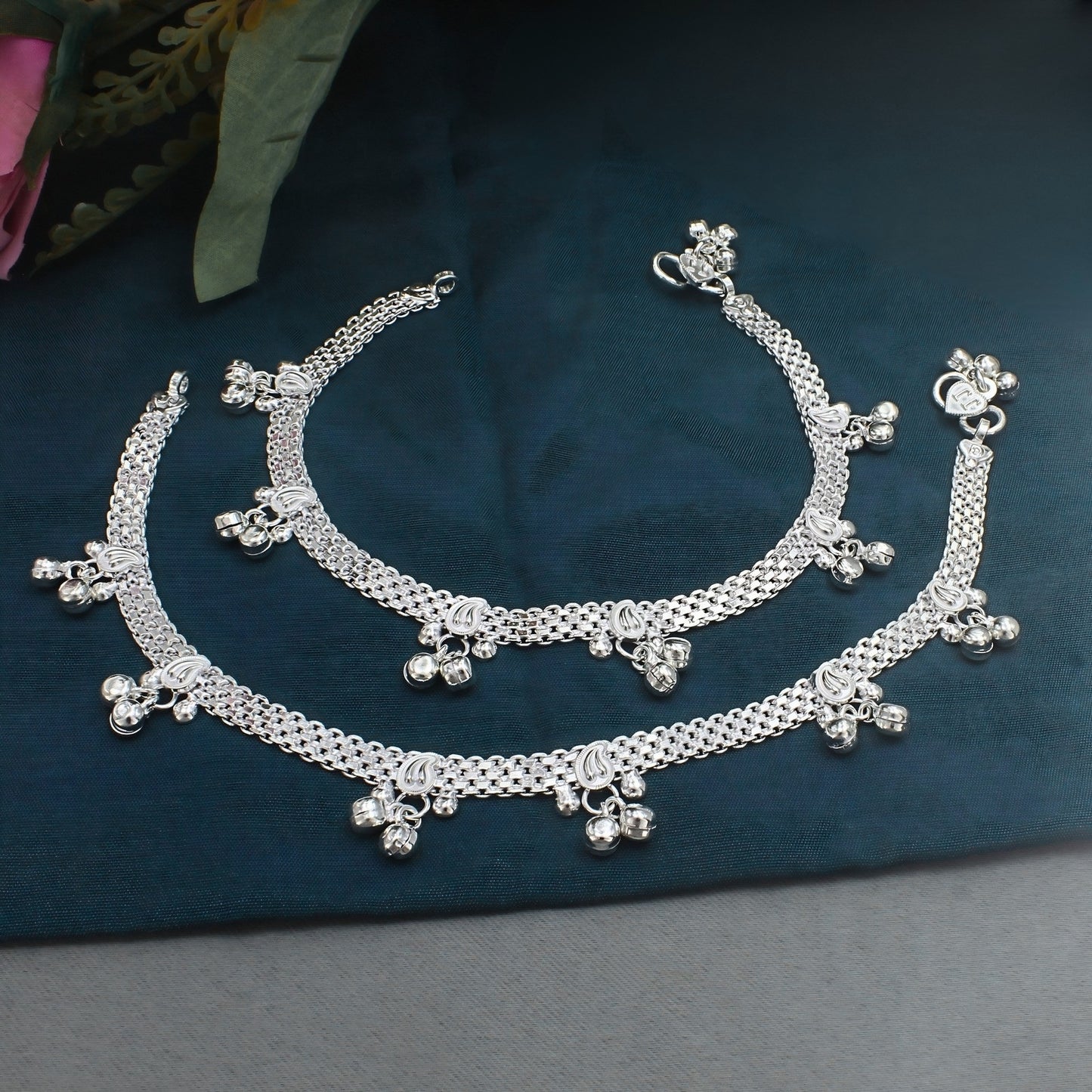 Real Silver Dangling Bells Wedding Payal Anklet for Women - Pair 10.3"