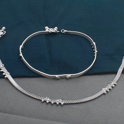 Real Silver Belt Pattern Jhanjhar Women Anklet Pair 10.3"