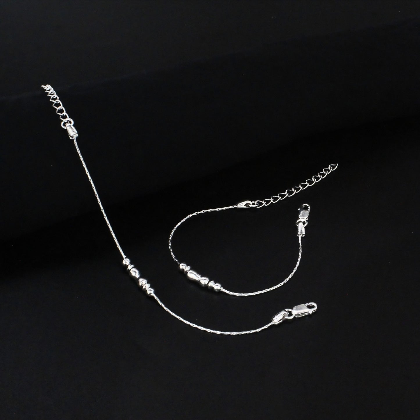 Real Silver Dual Bead Adjustable Kids Anklet Payal Baby Foot bracelet Pair - 6"