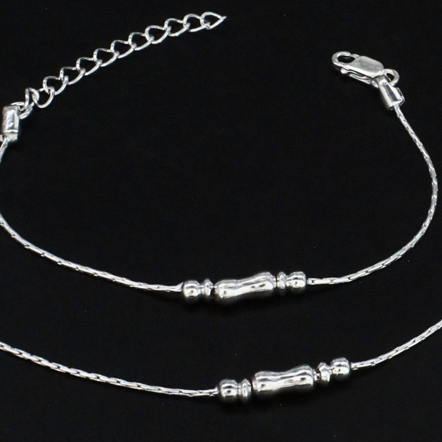 Real Silver Dual Bead Adjustable Kids Anklet Payal Baby Foot bracelet Pair - 6"