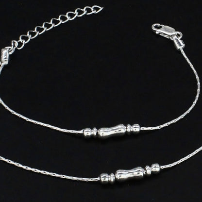 Real Silver Dual Bead Adjustable Kids Anklet Payal Baby Foot bracelet Pair - 6"