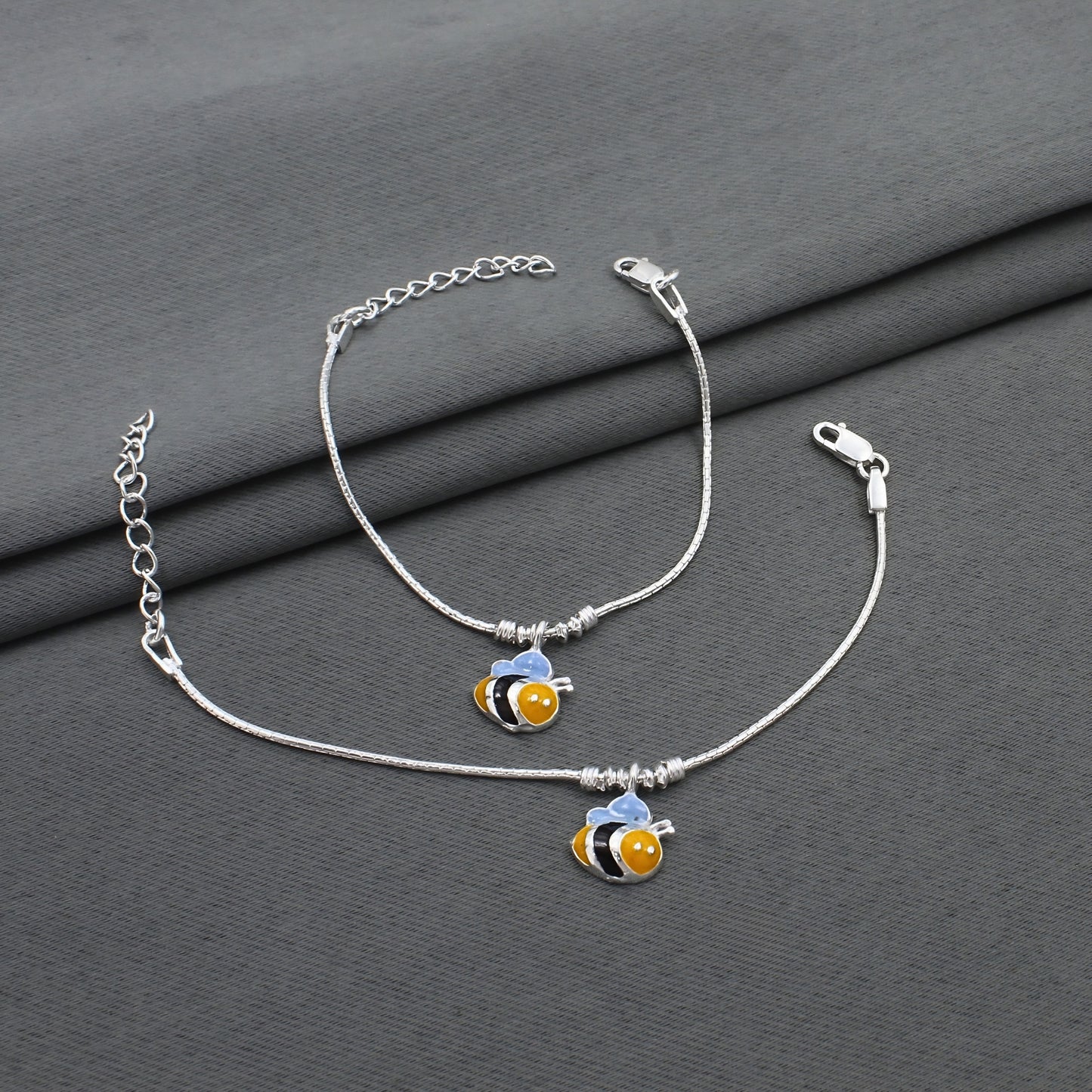 Real Silver Yellow Bee Charm Anklet for Kids
