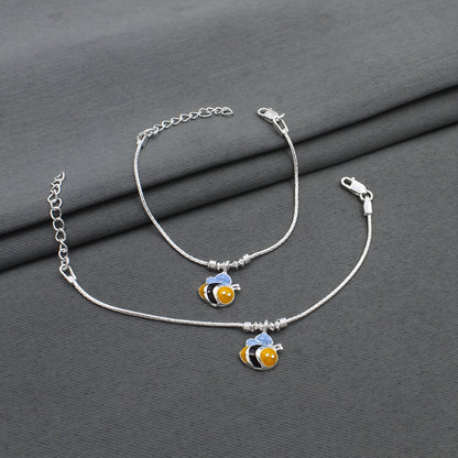 Real Silver Yellow Bee Charm Anklet for Kids