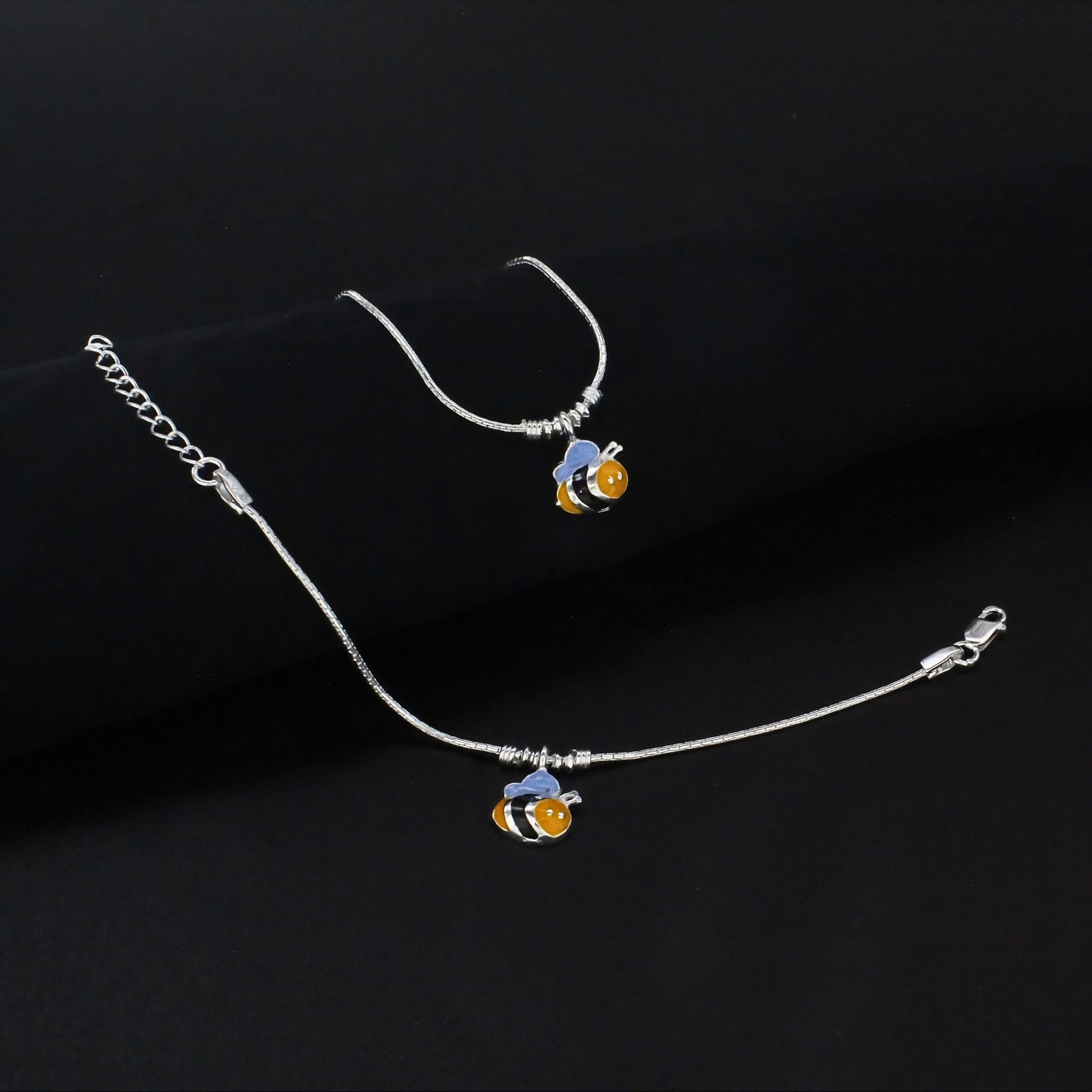 Real Silver Yellow Bee Charm Anklet for Kids