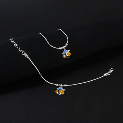Real Silver Yellow Bee Charm Anklet for Kids