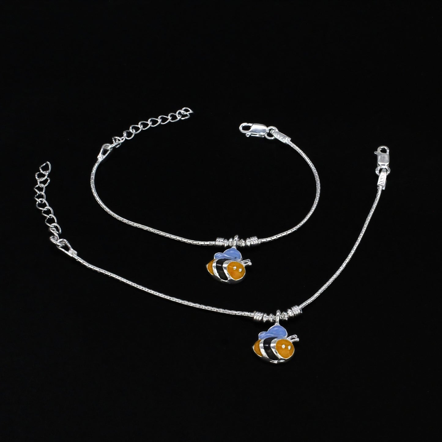 Real Silver Yellow Bee Charm Anklet for Kids