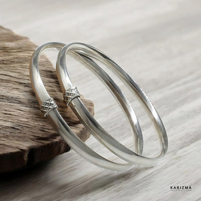 Boho Style Real Sterling Silver Women Oxidized Hollow Bangles Pair