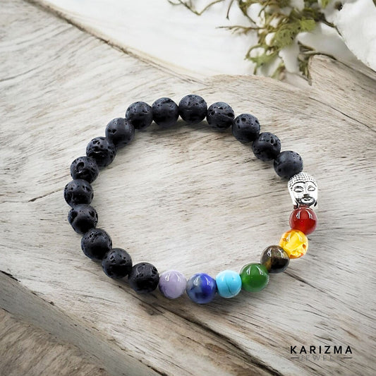 7 Chakra Lava Rock Beads Black Stones Reiki Healing Buddha Bracelet for Men and Women