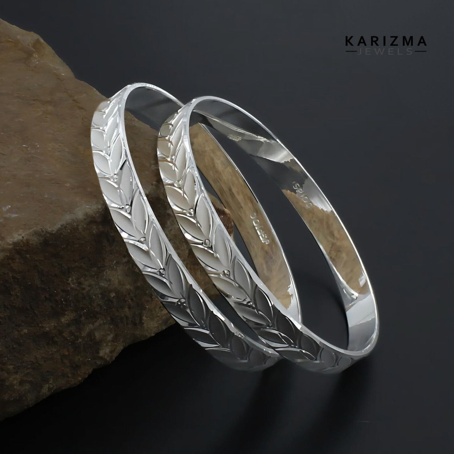 990 Real Sterling Silver Women Leaf design amazing Bangles Bracelet (Kangan) Pair - 6.3 CM