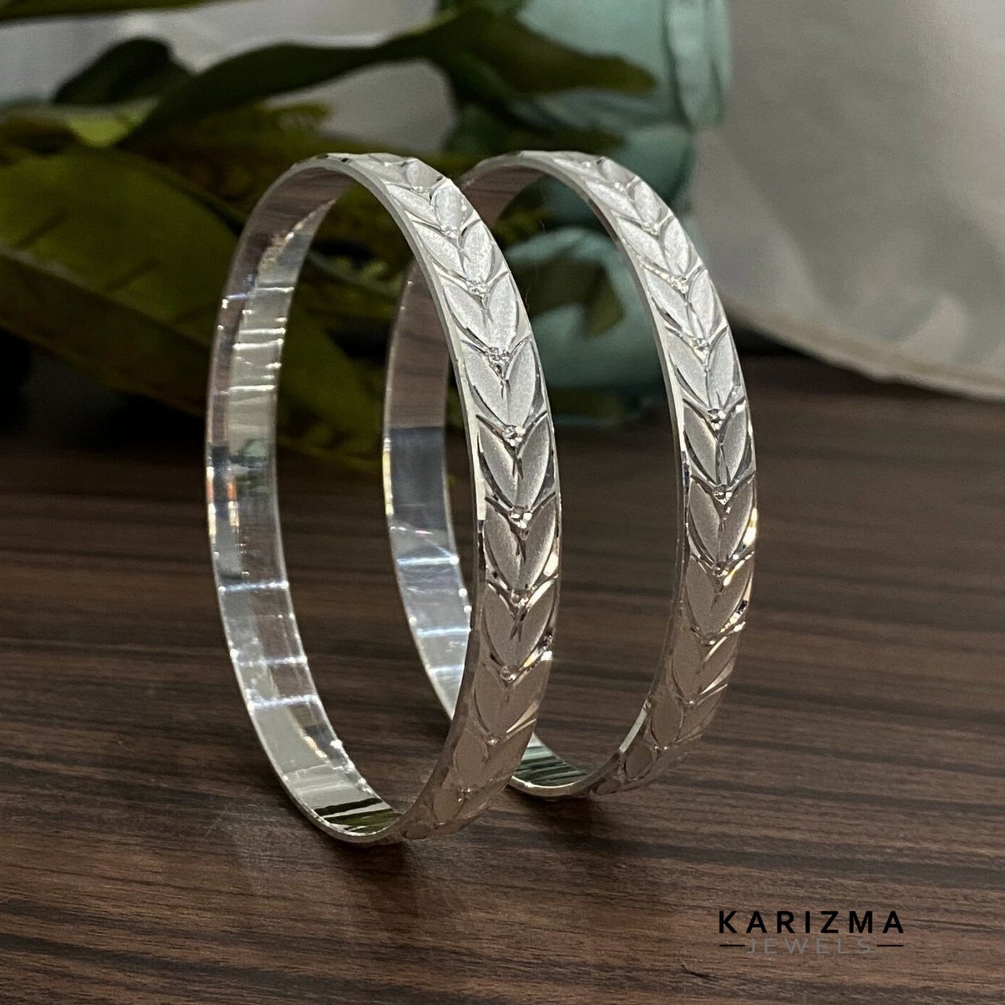 990 Real Sterling Silver Women Leaf design amazing Bangles Bracelet (Kangan) Pair - 6.3 CM