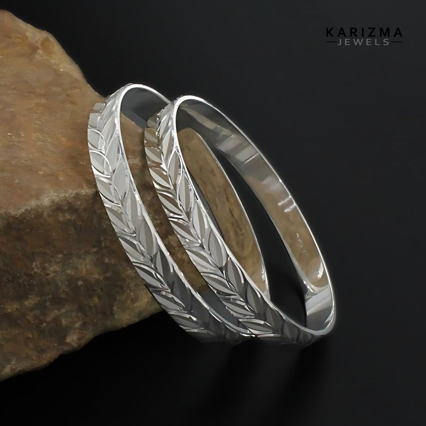 990 Real Sterling Silver Women Excellent Leaf design Bangles Bracelet (Kangan) Pair - 5.9 CM