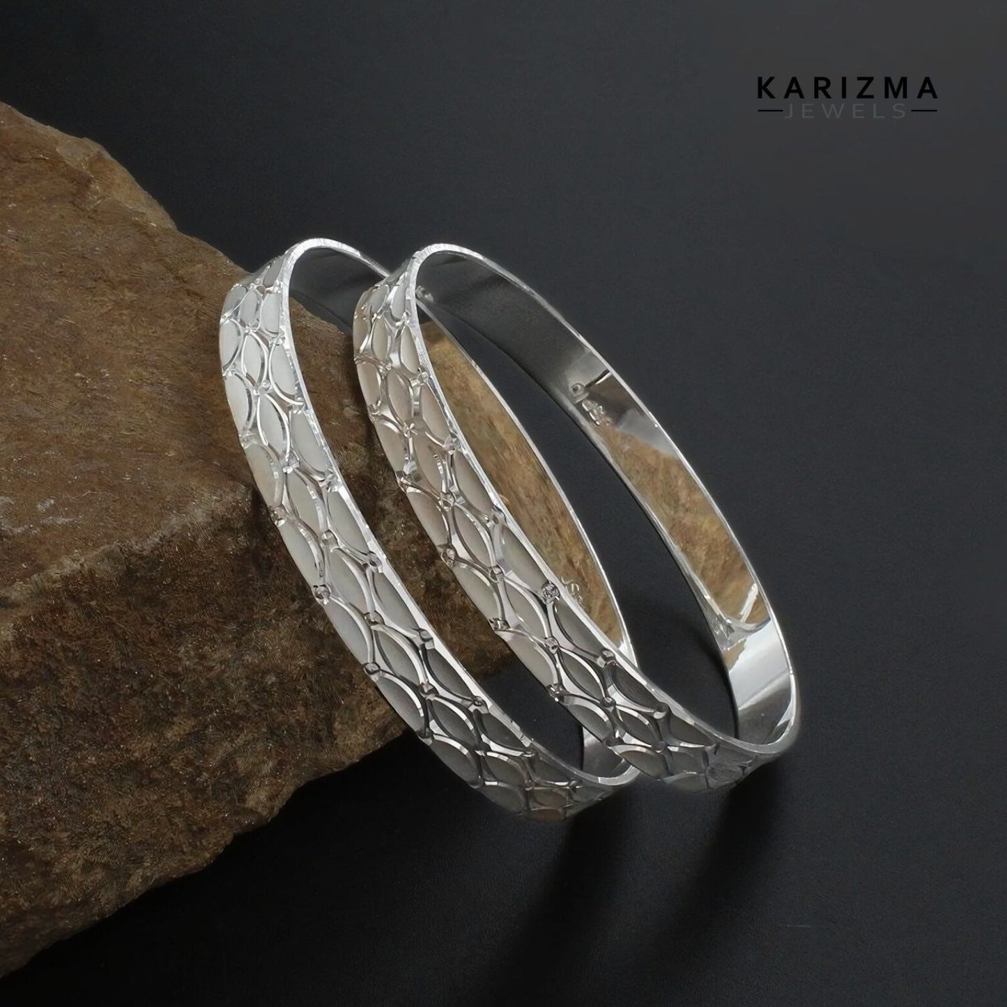 990 Real Sterling Silver Women cultural design Bangles Bracelet (Kangan) Pair - 6.2 CM