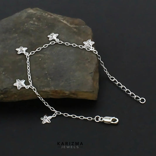 925 Sterling Silver handmade Five star charms cable chain Bracelet for Girls