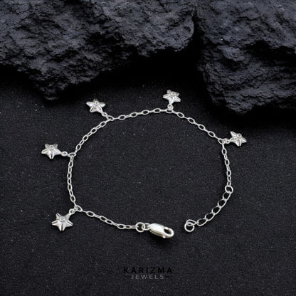 925 Sterling Silver handmade Five star charms cable chain Bracelet for Girls